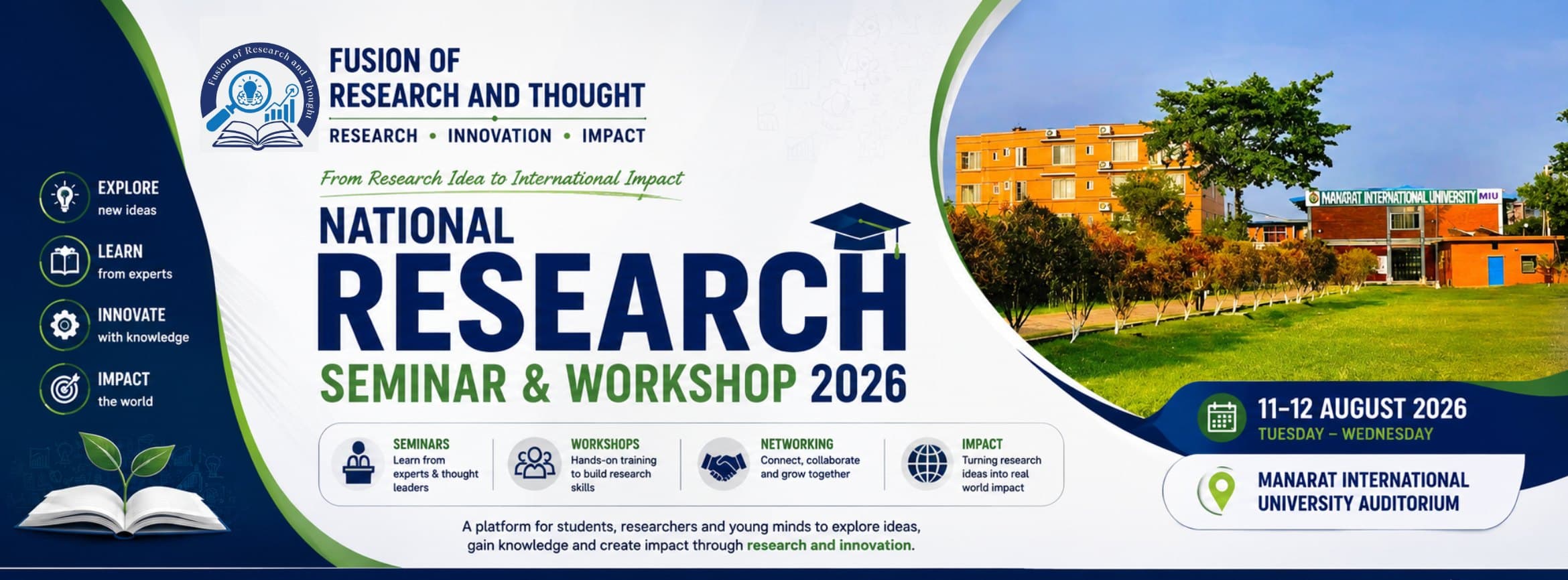 Seminar banner: National Research Seminar & Workshop 2026, from research idea to international impact, 11–12 August 2026 at Manarat International University Auditorium.
