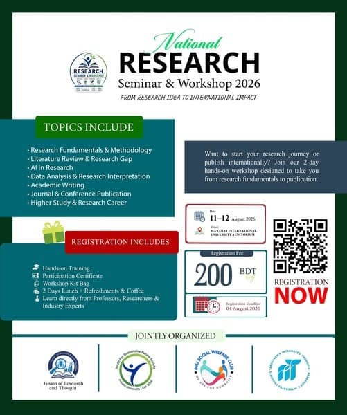 Seminar programme card listing the workshop topics, the 200 BDT registration fee, what registration includes, and the four organizing bodies.